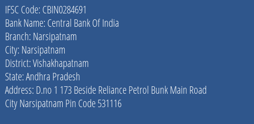 Central Bank Of India Narsipatnam Branch IFSC Code