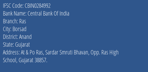 Central Bank Of India Ras Branch Anand IFSC Code CBIN0284992