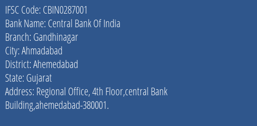 Central Bank Of India Gandhinagar Branch Ahemedabad IFSC Code CBIN0287001