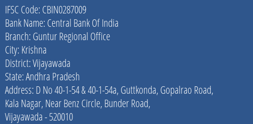 Central Bank Of India Guntur Regional Office Branch, Branch Code 287009 & IFSC Code CBIN0287009
