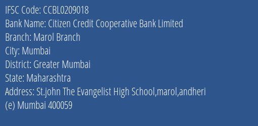 Citizen Credit Cooperative Bank Limited Marol Branch Branch IFSC Code