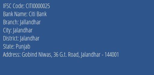 Citi Bank Jallandhar Branch, Branch Code 000025 & IFSC Code CITI0000025