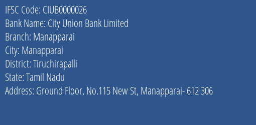 City Union Bank Limited Manapparai Branch, Branch Code 000026 & IFSC Code CIUB0000026