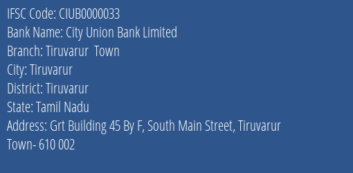 City Union Bank Limited Tiruvarur Town Branch, Branch Code 000033 & IFSC Code CIUB0000033