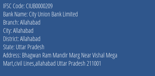 City Union Bank Limited Allahabad Branch, Branch Code 000209 & IFSC Code CIUB0000209