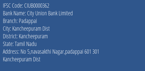 City Union Bank Padappai Branch Kancheepuram IFSC Code CIUB0000362