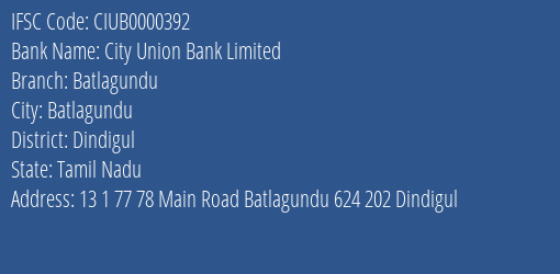 City Union Bank Limited Batlagundu Branch IFSC Code