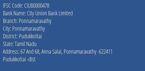 City Union Bank Ponnamaravathy Branch Pudukkottai IFSC Code CIUB0000478