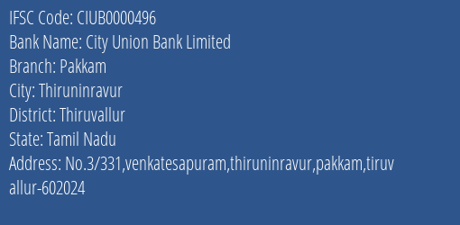 City Union Bank Pakkam Branch Thiruvallur IFSC Code CIUB0000496