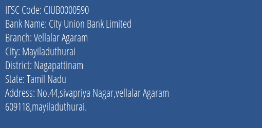 City Union Bank Limited Vellalar Agaram Branch IFSC Code