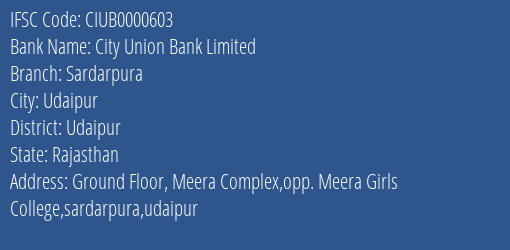 City Union Bank Limited Sardarpura Branch, Branch Code 000603 & IFSC Code CIUB0000603