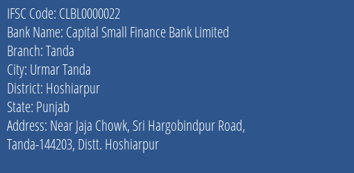 Capital Small Finance Bank Limited Tanda Branch IFSC Code