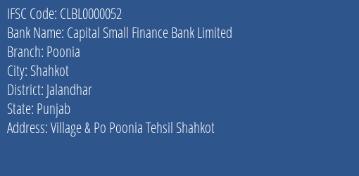 Capital Small Finance Bank Poonia Branch Jalandhar IFSC Code CLBL0000052