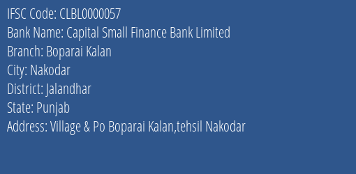 Capital Small Finance Bank Boparai Kalan Branch Jalandhar IFSC Code CLBL0000057