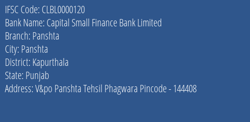 Capital Small Finance Bank Limited Panshta Branch, Branch Code 000120 & IFSC Code CLBL0000120