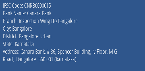 Canara Bank Inspection Wing,ho, Bangalore Branch IFSC Code
