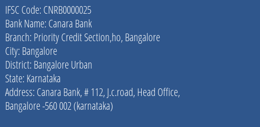 Canara Bank Priority Credit Section Ho Bangalore Branch, Branch Code 000025 & IFSC Code CNRB0000025