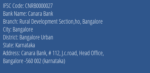 Canara Bank Rural Development Section,ho, Bangalore Branch IFSC Code