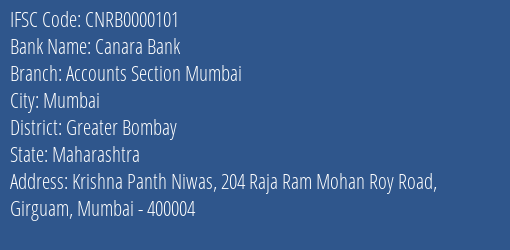 Canara Bank Accounts Section Mumbai Branch, Branch Code 000101 & IFSC Code CNRB0000101