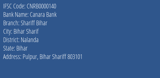 Canara Bank Shariff Bihar Branch, Branch Code 000140 & IFSC Code CNRB0000140