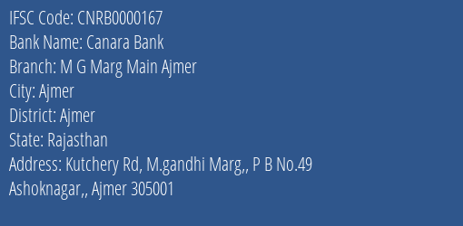 Canara Bank M G Marg Main Ajmer Branch IFSC Code