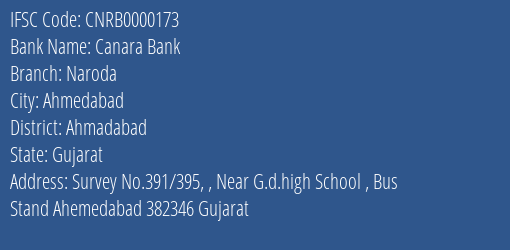 Canara Bank Naroda Branch Ahmadabad IFSC Code CNRB0000173