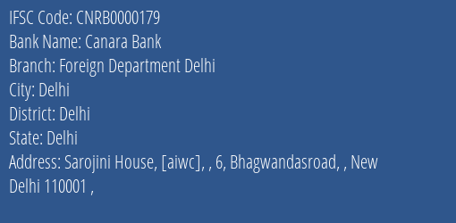 Canara Bank Foreign Department Delhi Branch, Branch Code 000179 & IFSC Code CNRB0000179