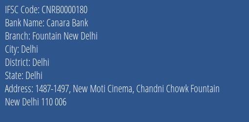 Canara Bank Fountain New Delhi Branch, Branch Code 000180 & IFSC Code CNRB0000180