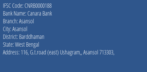 Canara Bank Asansol Branch Barddhaman IFSC Code CNRB0000188