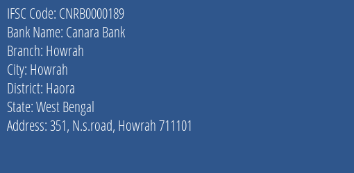 Canara Bank Howrah Branch Haora IFSC Code CNRB0000189