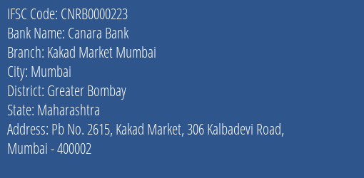 Canara Bank Kakad Market Mumbai Branch Greater Bombay IFSC Code CNRB0000223