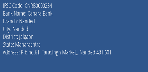 Canara Bank Nanded Branch, Branch Code 000234 & IFSC Code CNRB0000234
