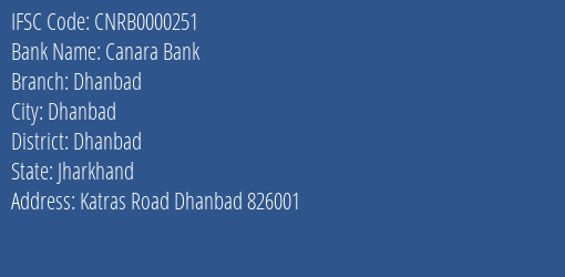 Canara Bank Dhanbad Branch, Branch Code 000251 & IFSC Code CNRB0000251