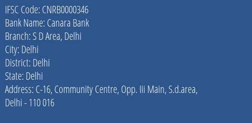 Canara Bank S D Area Delhi Branch IFSC Code