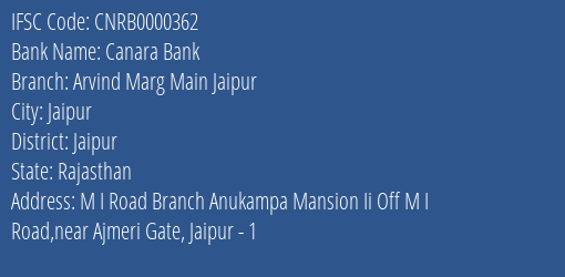 Canara Bank Arvind Marg Main Jaipur Branch, Branch Code 000362 & IFSC Code CNRB0000362