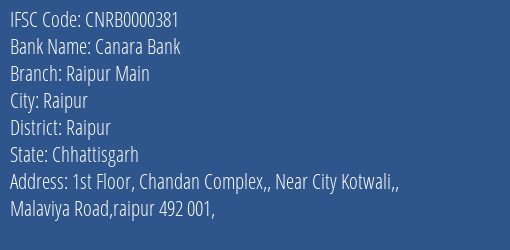 Canara Bank Raipur Main Branch, Branch Code 000381 & IFSC Code CNRB0000381