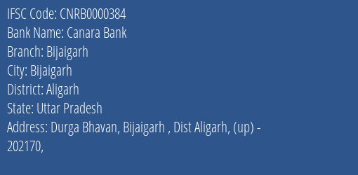 Canara Bank Bijaigarh Branch Aligarh IFSC Code CNRB0000384