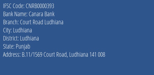 Canara Bank Court Road Ludhiana Branch, Branch Code 000393 & IFSC Code CNRB0000393
