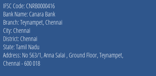 Canara Bank Teynampet Chennai Branch, Branch Code 000416 & IFSC Code CNRB0000416