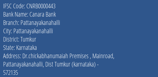 Canara Bank Pattanayakanahalli Branch, Branch Code 000443 & IFSC Code CNRB0000443
