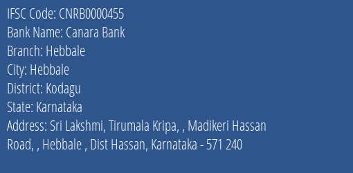 Canara Bank Hebbale Branch, Branch Code 000455 & IFSC Code CNRB0000455
