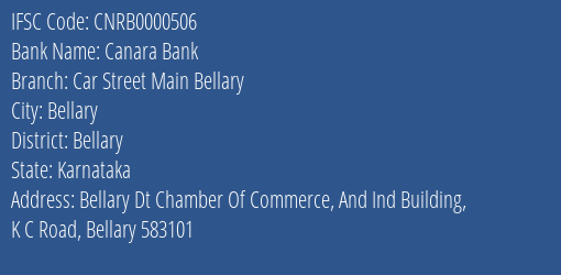 Canara Bank Car Street Main Bellary Branch, Branch Code 000506 & IFSC Code CNRB0000506