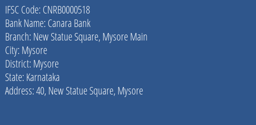 Canara Bank New Statue Square Mysore Main Branch Mysore IFSC Code CNRB0000518