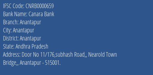 Canara Bank Anantapur Branch, Branch Code 000659 & IFSC Code CNRB0000659