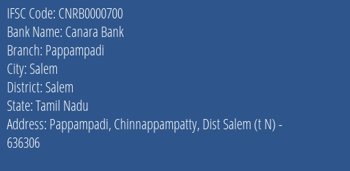 Canara Bank Pappampadi Branch, Branch Code 000700 & IFSC Code CNRB0000700