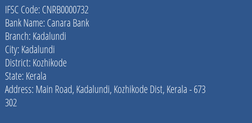 Canara Bank Kadalundi Branch, Branch Code 000732 & IFSC Code CNRB0000732