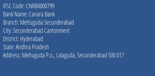 Canara Bank Mettuguda Secunderabad Branch Hyderabad IFSC Code CNRB0000799
