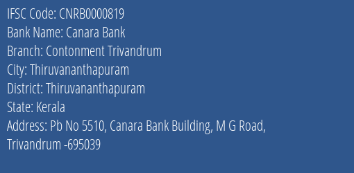 Canara Bank Contonment Trivandrum Branch IFSC Code
