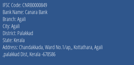 Canara Bank Agali Branch Palakkad IFSC Code CNRB0000849