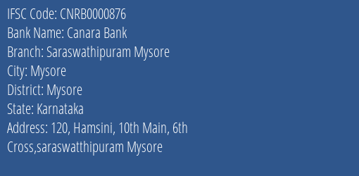 Canara Bank Saraswathipuram Mysore Branch Mysore IFSC Code CNRB0000876